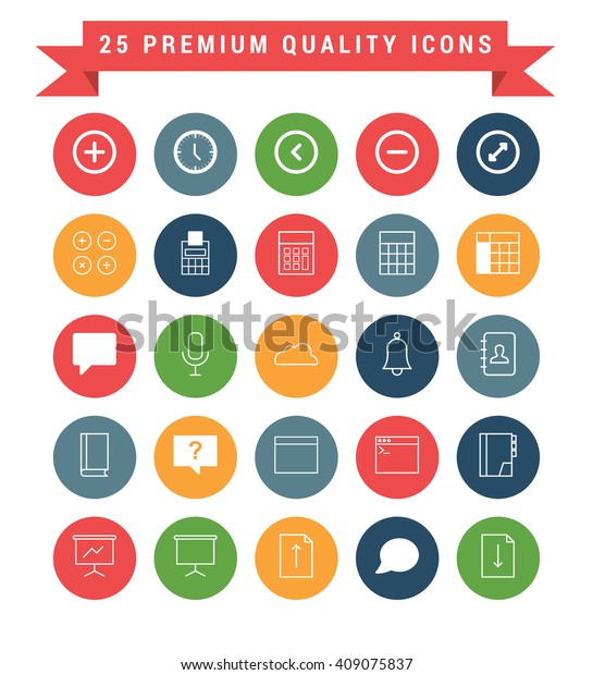 25 Universal web and mobile\
icon set. A set of 25 multi coloured flat icons for mobile and\
web.