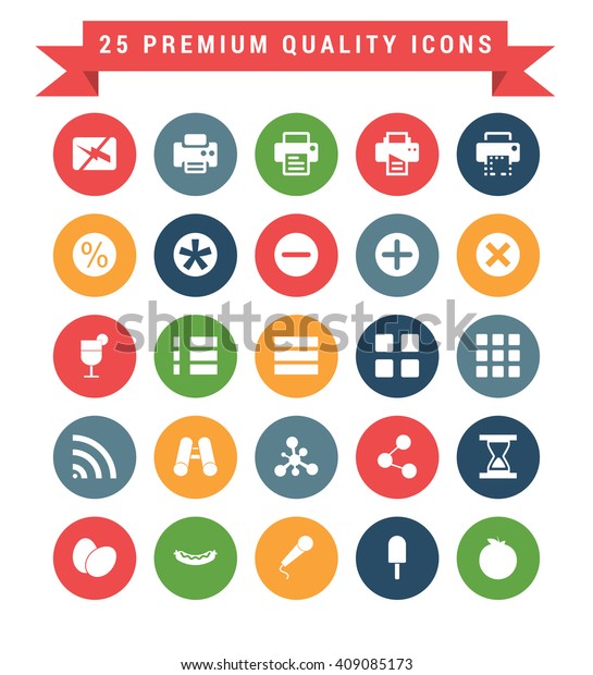 25 Universal web and mobile\
icon set. A set of 25 multi coloured flat icons for mobile and\
web.\
