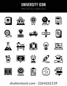 25 University Lineal Fill icons Pack vector illustration.