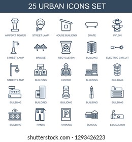 25 urban icons. Trendy urban icons white background. Included outline icons such as airport tower, street lamp, house builidng, skate, pylon, bridge. urban icon for web and mobile.