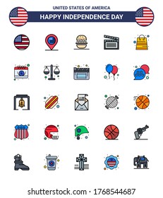 25 USA Flat Filled Line Pack of Independence Day Signs and Symbols of money; usa; burger; video; american Editable USA Day Vector Design Elements