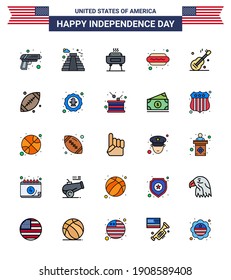25 USA Flat Filled Line Signs Independence Day Celebration Symbols of music; hot i; barbeque; food; hot dog Editable USA Day Vector Design Elements