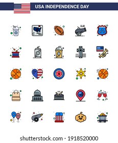 25 Estados Unidos de América con una línea llena plana firma símbolos de la celebración del Día de la Independencia de seguridad; mortero; bola; obturador; elementos de diseño de vectores de USA Day editable con arma grande