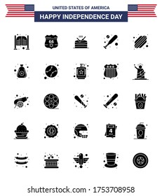 25 USA Solid Glyph Pack of Independence Day Signs and Symbols of hotdog; hardball; security; bat; parade Editable USA Day Vector Design Elements