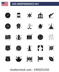 25 USA Solid Glyph Signs Independence Day Celebration Symbols of hand; usa; badge; american; bank Editable USA Day Vector Design Elements