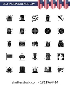 25 USA Solid Glyph Signs Independence Day Celebration Symbols of bat; ball; buntings; states; american Editable USA Day Vector Design Elements