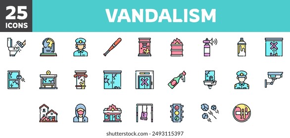 25 iconos de vandalismo, línea de Vector, trazo editable.