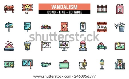 25 vandalism icons set, vector line, editable stroke.
