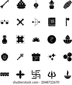 25 vector flat solid filled icons for the Indian festival of Navratri or Durga Puja