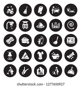 25 vector icon set : Bubbles, Sweep, Housekeeping, Clothes peg, Sweeping, Garden hose, Floor mop, Cleaner Uniform, Soak, Shower head, Bin, Broom isolated on black background.