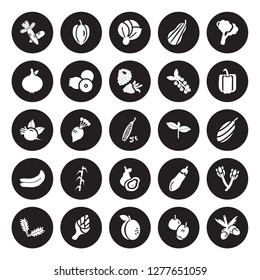 25 vector icon set : Carrots, Apple, Apricot, Artichoke, Arugula, Bell pepper, Basil, Avocado, Banana, Breast milk fruit, Cabbage, Carambola isolated on black background.