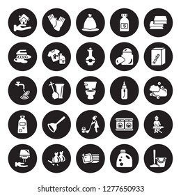 25 vector icon set : clean-living, Detergent, Dishes, Garbage, Hand dryer, baking soda, Spray, Mop, Shampoo, scrub brush, trash bag, sanitize isolated on black background.