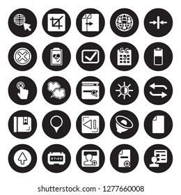 25 vector icon set : Cursor, Add, Add user, Alarm clock, Arrow, Charging status, Brightness, Back, Bookmark, Close, Copy, Crop isolated on black background.