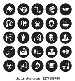 25 vector icon set : Detergent dose, Towel, Urinal, Vacuum, Virus, douche, beardy, shaving gel, ablution, grooming, scrub up, varnish isolated on black background.