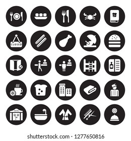 25 vector icon set : Dinner, Barbershop, Bathrobe, Bathtub, Beach Hotel, Cheese burger, Bunk bed, Booking, Breakfast, Closed, Cutlery, Dim sum isolated on black background.