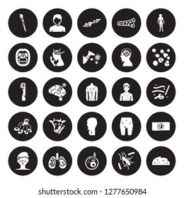 25 vector icon set : Mí©niíÂre's disease, Leishmaniasis, Leprosy, Leptospirosis, Leukemia, Mad cow Lupus erythematosus, Listeriosis, Lung cancer, Measles isolated on black background.