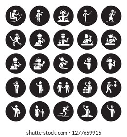 25 vector icon set : Driver, Archeologist, athlete, Baby sitter, Basketball player, Chemist, captain, HR Specialist, Butler, Cricket dj, Doctor isolated on black background.