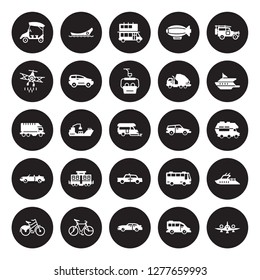 25 vector icon set : eco-friendly transport, airport shuttle, Automobile, Bicycle, Bike, catamaran, Car, Cab, Cabriolet, crop duster, Double decker bus, dugout canoe isolated on black background.