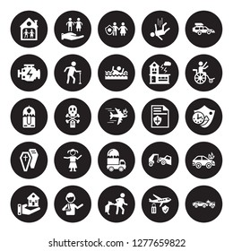 25 vector icon set : Family House, Air travel insurance, Bite, Broken arm, Building Disabled, Contract Coverage, Cargo Coffin, Engine problems isolated on black background.