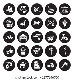 25 vector icon set : farmer Boots, Bale, Barn, Barrow, Beehive, Corn, Caterpillar, berry, Capsicum, Egg, farm Trailer, isolated on black background.