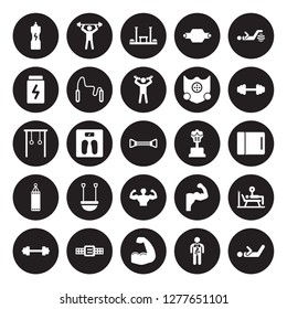 25 vector icon set : fitness Drink, Anatomy, Arm, Athletic Strap, Barbell, Dumbbell, Boxing Mannequin, Bodybuilder, bag, Fitness, Fitness bench, Body isolated on black background.