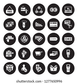 25 vector icon set : Free, Basket, Bills, Broker, Buy, Cut card, Coupon, Cart, Cash register, Dollar bill, Exchange rate, Financial presentation isolated on black background.