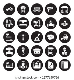 25 vector icon set : Fuel truck, Oil, Refinery, petrol Pipe, Industry, Pump, Co2, industrial Battery, Machine press, Oil industry, Train cargo, Water tank isolated on black background.