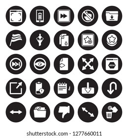 25 vector icon set : Full screen, Diagonal arrow, Dislike, Documents, Double Favorites Button, Expand, Edit, Enlarge, Flag, Forward, battery isolated on black background.
