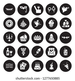 25 vector icon set : Garland, Birthday boy, cake, card, Flag, Couple, Bride, birthday rocket, wedding Wine, Donut, Engagement ring, Eye mask isolated on black background.
