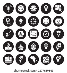 25 vector icon set : Geo Cordinates, Add to Map, Africa, Airport Pin, Arrow On Distance, College Center, Club location, Favorite Place isolated on black background.