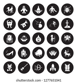 25 vector icon set : Griffin, Atomic bomb, Bow and arrow, Broomstick, Caribbean, Excalibur, Curupira, Chimera, Cinderella shoe, Faun, Goblin, Golem isolated on black background.