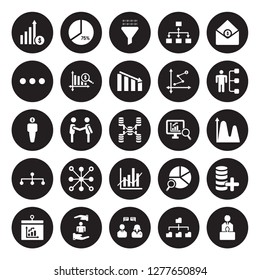 25 vector icon set : Growth, Connected data, Consulting, Customer, Dashboard, Department Head, Database Analysing, Data analytics, analytics flow, Dot isolated on black background.