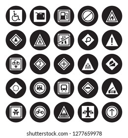 25 vector icon set : Handicap, Airport, Barrier, Bicycle, Biological hazard, Danger, Crossing, Bus stop, circular intersection, Falling rocks, Gas station, Gasoline isolated on black background.