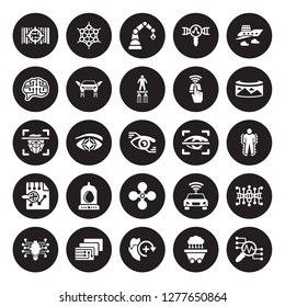 25 vector icon set : High capacity color barcode, Data Mining, Deformity, Depth perception, Difference engine, Field of view, Eye scan, Drone, Evaluation, future Brain isolated on black background.