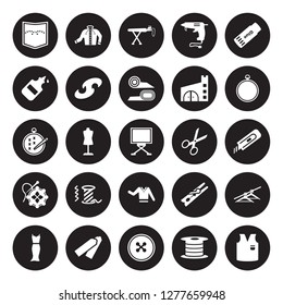 25 vector icon set : Jeans pocket, Bobbin, Button, Chalk, Clothes, Embroidery hoop, Cutting, Clothing, Crochet, Glue, Ironing Board, Jacket isolated on black background.