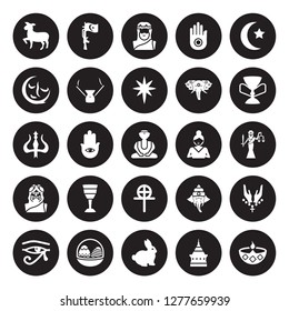 25 vector icon set : Lamb, Doi suthep, Easter bunny, eggs, Eye of ra, Holy chalice, gospel, Gnosticism, God, indulgence, Jesus, jihad isolated on black background.
