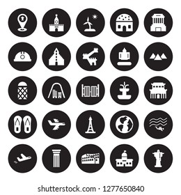 25 vector icon set : Landmark, City hall, Colosseum, Column, Departures, Giza, Fountain, Eiffel tower, Flip flops, Helm, Island, Kremlin isolated on black background.