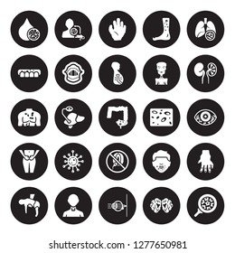 25 vector icon set : Lead poisoning, Human papillomavirus (HPV), Huntington's disease, Hypermetropia, Hyperopia, Iron-deficiency anemia, Infertility, Hypothyroid isolated on black background.