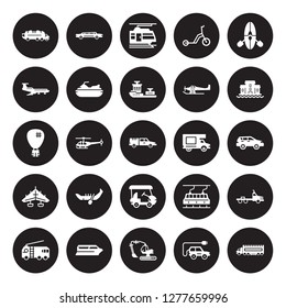 25 vector icon set : litter car, Electric Excavators, Ferry boat, Fire truck, houseboat, haul, Golf cart, hang glider, jetliner, light rail, Limousine isolated on black background.