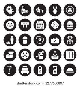 25 vector icon set : Meat, Do not disturb, Door hanger, Double bed, Eating utensils, Hamburger, Fried chicken, Extinguisher, Food, Hotel, Lounge, Luggage isolated on black background.