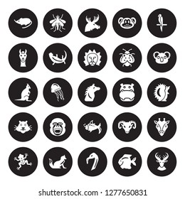25 vector icon set : Mouse, Fish, Flamingo, Fox, Frog, Koala, Hippopotamus, Goldfish, Hamster, Llama, Moose, Mosquito isolated on black background.