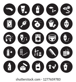 25 vector icon set : Nail, Bathroom, Bleach, body Cream, Chlorine, Face mask, Diaper, Cosmetics, Deodorant, Handkerchief, Liquid soap, Moisturizer isolated on black background.