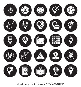 25 vector icon set : No waiting, Gift shop Location, Globe, Gps device, GPS Map Transports, Locked Place, information Point Pin, National Park Pin isolated on black background.