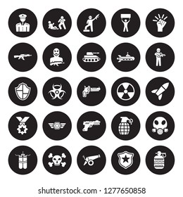 25 vector icon set : officer, Badge, Cannon, Dead, Dynamite, Soldier, Nuclear, Gun, Medal, Kalashnikov, Rebellion, Assault isolated on black background.