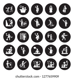 25 vector icon set : Painter, Electrician, Engineer, Firefighter, Fisherman, Mafia, journalist, Graphic de, Hairdresser, Miner, Nurse, Office worker isolated on black background.