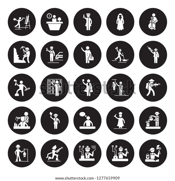 25\
vector icon set : Painter, Electrician, Engineer, Firefighter,\
Fisherman, Mafia, journalist, Graphic de, Hairdresser, Miner,\
Nurse, Office worker isolated on black\
background.