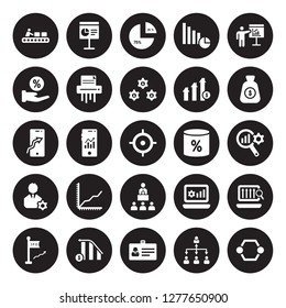 25 vector icon set : Production, Hierarchy, Id card, Increasing stocks, Ipo, Money, Merge charts, Leadership, Management, Percentage, Polygonal chart, Presentation isolated on black background.