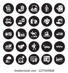 25 vector icon set : Retirement, Payment protection, Problem electric, Puncture in a wheel, Real estate insurance, Transport Sinking, Robbery, Ship insurance isolated on black background.