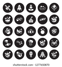25 vector icon set : Satellite, Lander, Liftoff, Magnetic field, Mars, Neptune, Moon, Meteor, Meteorite, Pluto, Rocket launch, ship isolated on black background.