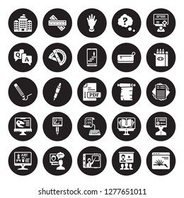 25 vector icon set : School, Online class, online coaching, course, education, Pencil box, Parchment, test, Paleontology, QA, Raise hand, Ruler isolated on black background.